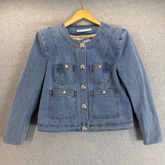 Veronica Beard Ferazia Denim Jean Jacket 4 Pocket Silver Buttons Size Large (?)‎ - Picture 1 of 15